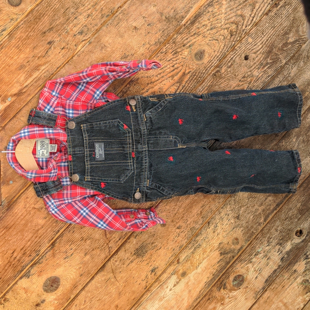 Osh Kosh Children's Place set of overalls & button down shirt 18m